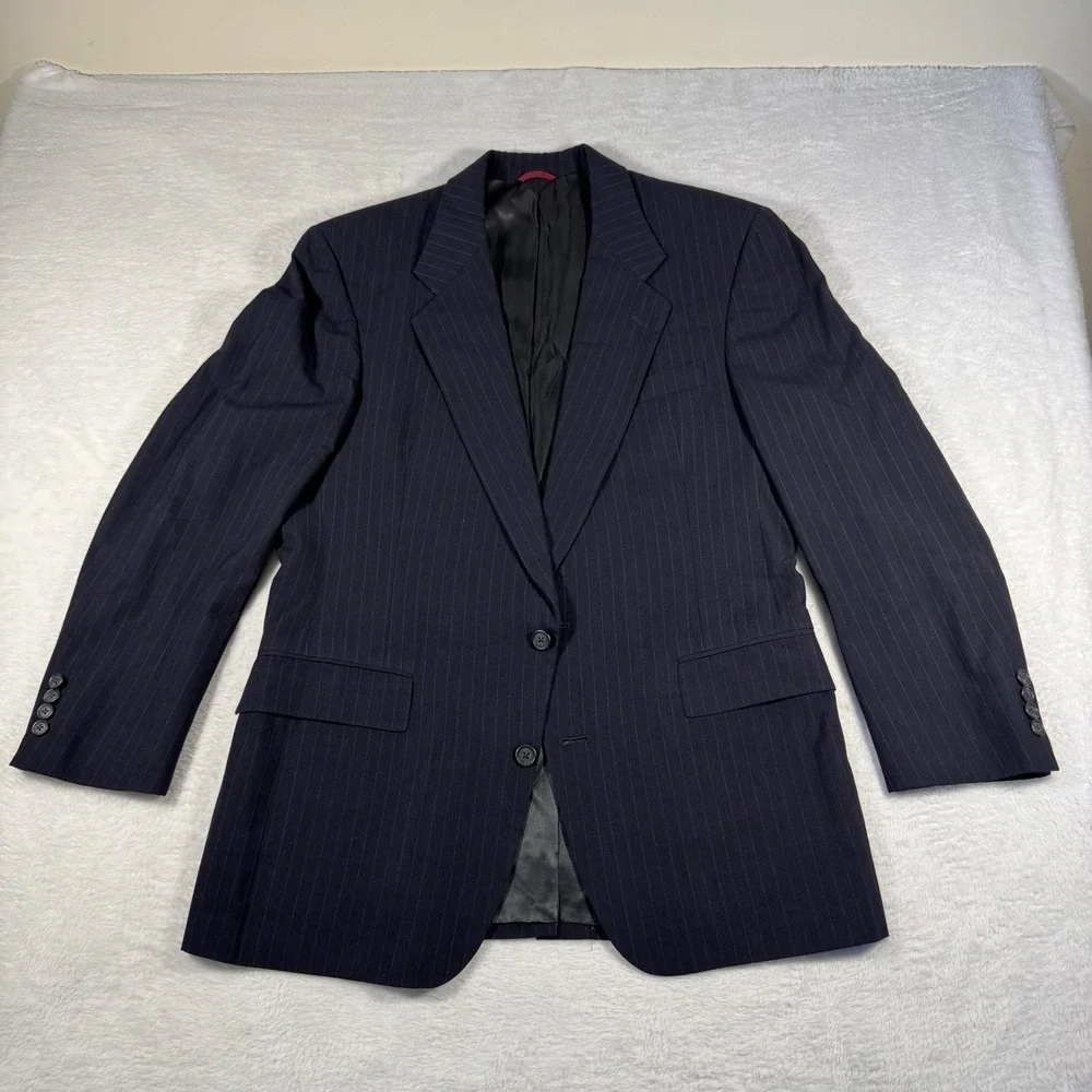 Vintage Graham‎ & Gunn Suit Jacket Mens 40R Navy Blue Pinstripe Blazer Wool 1990